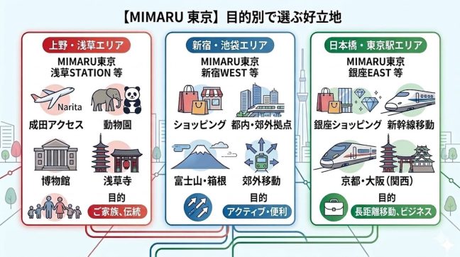 東京の主要観光エリアに展開するMIMARUの立地マップ。上野・浅草・新宿・池袋・銀座・日本橋エリアに拠点を持ち、子連れ東京観光の宿泊ベースとして交通アクセスに優れたアパートメントホテル