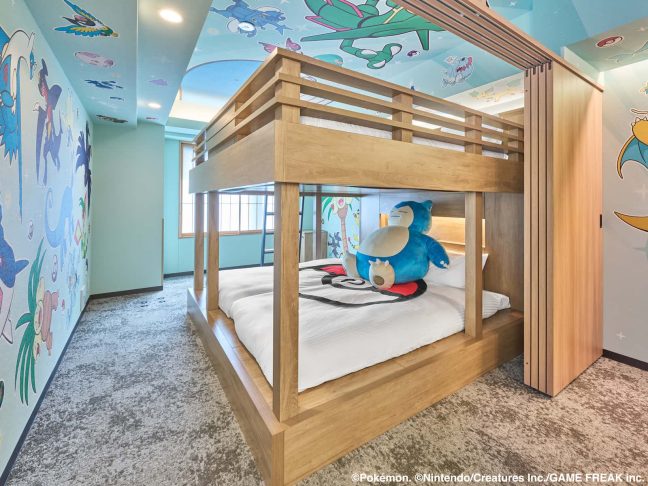Interior of the Pokémon Room at MIMARU Tokyo Ikebukuro. A children's concept guest room with unified Pokémon design from wallpaper to beds. A popular hotel in Ikebukuro, Tokyo for family trips with Pokémon-loving children