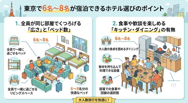 東京のグループ旅行向けホテル選びで重要な広さ・ベッド数・キッチンとダイニングスペースの確保