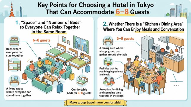 Important factors when choosing a hotel for group travel in Tokyo: space, number of beds, and ensuring a kitchen and dining space.