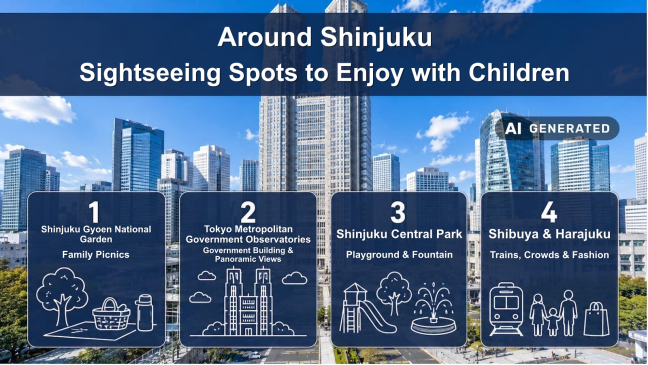 Sightseeing spots around Shinjuku to enjoy with children, such as Shinjuku Gyoen National Garden and the Tokyo Metropolitan Government Building Observatories, with MIMARU as your base