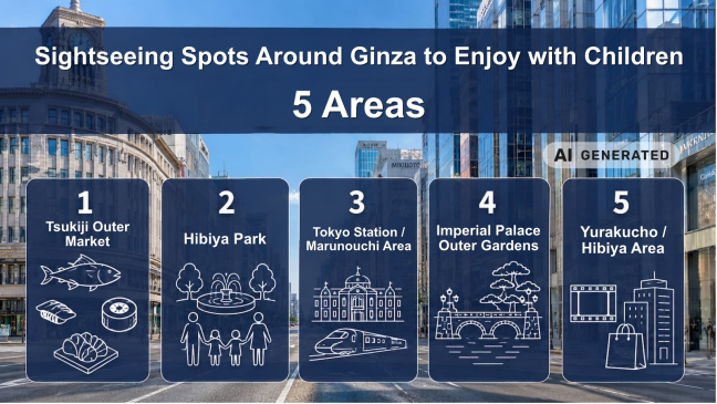 Sightseeing spots around Ginza to enjoy with children, such as Tsukiji Outer Market and Hibiya Park, with MIMARU as your base.