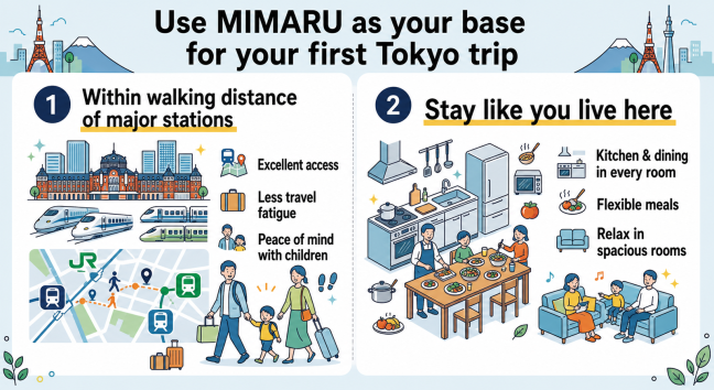 APARTMENT HOTEL MIMARU, ideal for first-time Tokyo sightseeing, with multiple locations within walking distance from major stations.