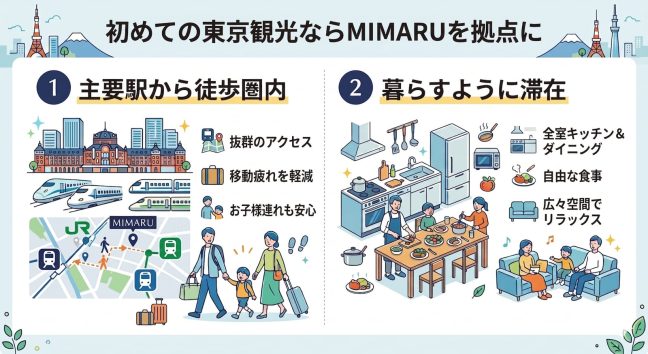 主要駅徒歩圏内の複数拠点で初めての東京観光に最適なアパートメントホテルMIMARU